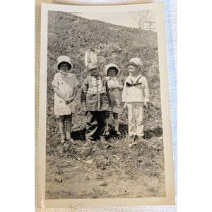 1920s Snapshot Costumes Children Sailor Bonnets Found Photo Charlene Prairie B&W